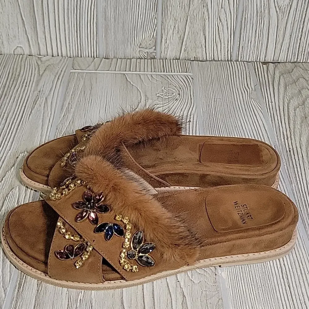 Stuart Weitzman Brown Nomedeplume Suede Mink Fur Jewel Sandal Womens 5.5 NEW